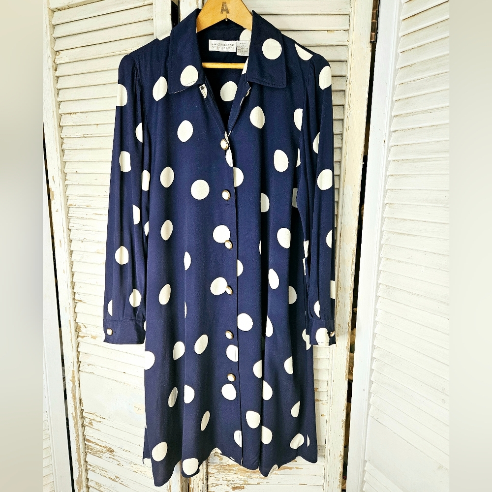 Vintage 90s Liz Claiborne Navy Polka Dot A-Line Dress Small (Size 4 Petite)